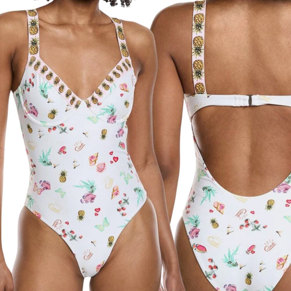 Amanda Uprichard Bora Bora One Piece Swimsuit XS Postcard Print White Pink NWT